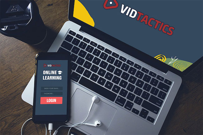 Online learning website in smartphone and laptop computer screen premium courses